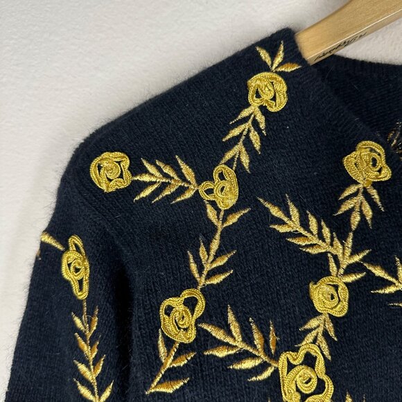 VTG Cache Embroidered Floral Knit Cardigan Womens Size L Wool Angora Old Money - Picture 3 of 8